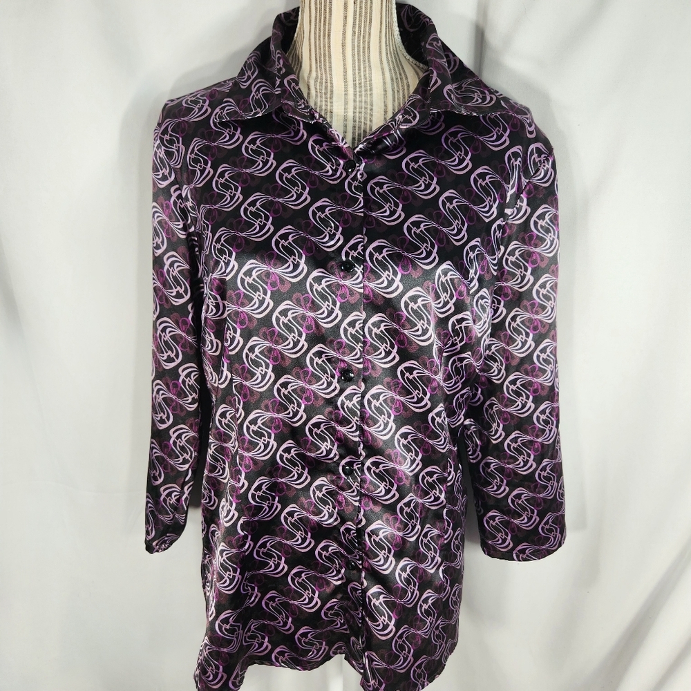 D. J. Summers Purple Satin 3/4 Sleeve Button Down Top Size Medium